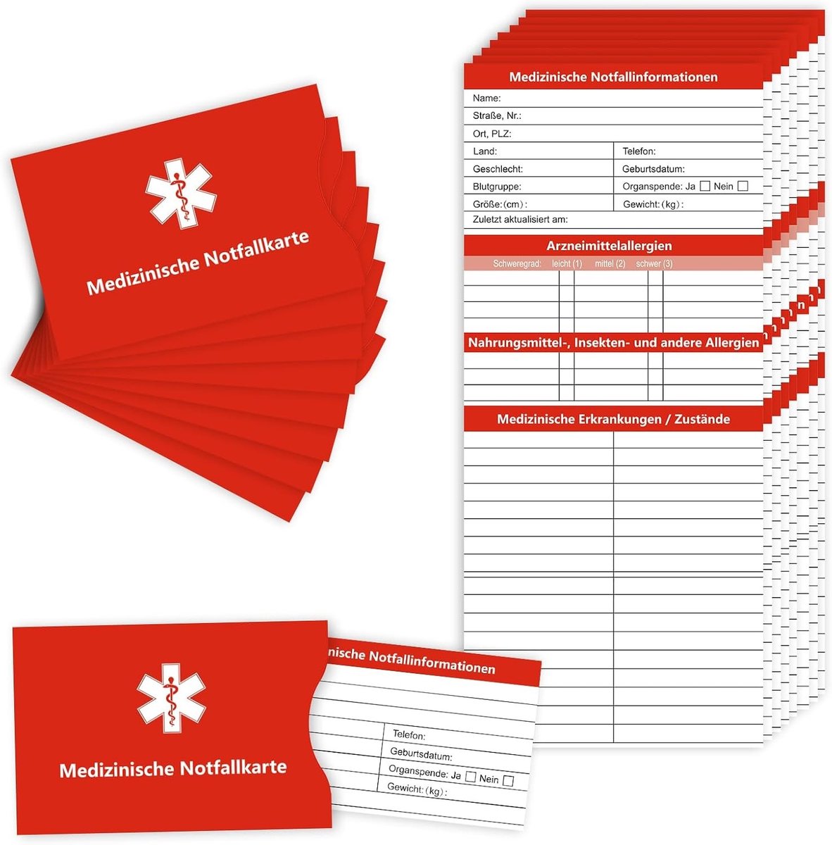 Noodcontactkaarten voor Medische Informatie in het Duits, Drievoudig Vouwbaar met Beschermhoezen, 8 Stuks voor Spoedgevallen en Medische Hulp