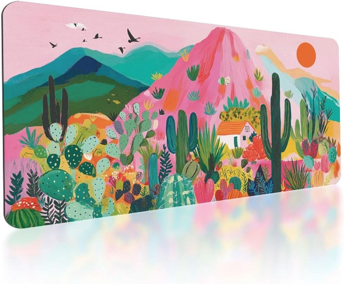 Grote bloemen bureau-onderlegger met cactusdesign, antislip gaming-muismat voor computer en laptop, 800 x 400 x 3 mm, ideaal voor thuis en kantoor