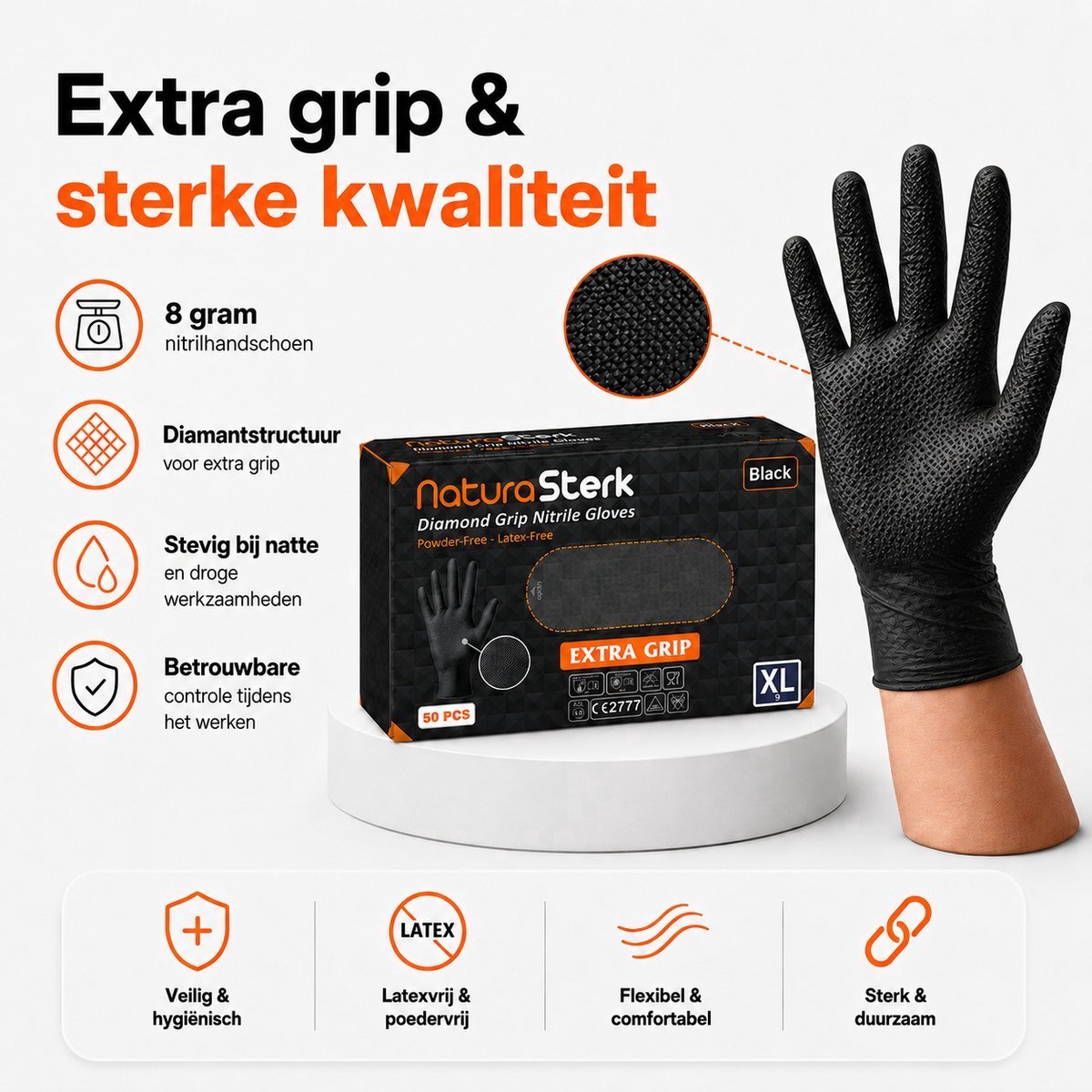 NaturaSterk Diamond Grip Nitril Handschoenen Zwart L/8 – 8 Gram – Extra Grip – Poedervrij & Latexvrij – 1 Doos – 100Stuks