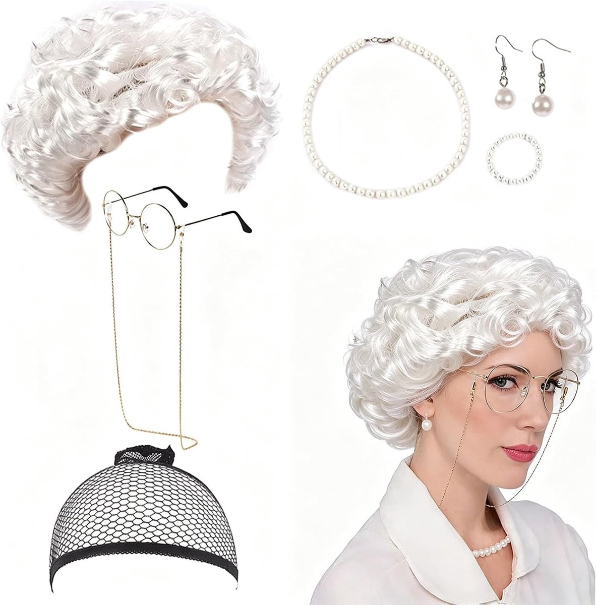 7 Stuks Kostuum Set voor Grootmoeder Cosplay, Oma Decoratie Kostuum voor Halloween en Carnaval, Perfect voor Feestjes en Wereldboekendag