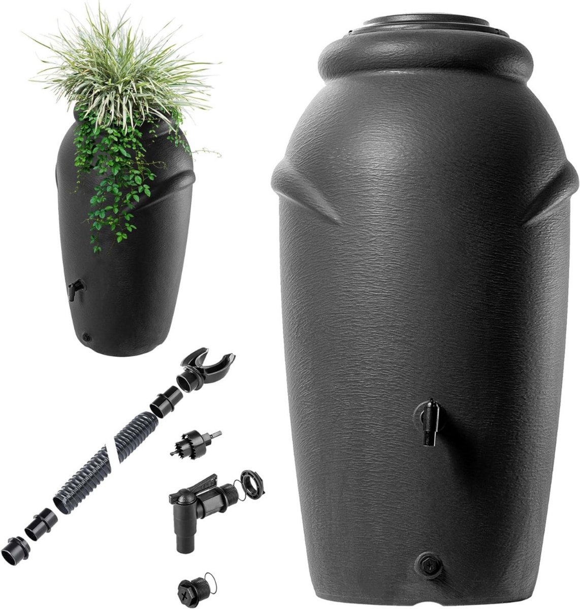 Allvia® Waterton - Regenton - Watertank - met Kraan, Plantenbak en Deksel - 210L - Zwart - 60cm x 113cm x 42cm