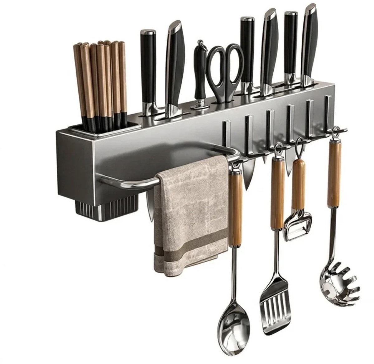 Flavers® - Grijs - Keukenrek Hangend - ophangbaar - Kruidenrek - keukenrek - muur- roestvrij staal - kookrek - 40 cm - messenblok - wandrek - metaal grijs - keuken organizer - aanrecht organizer - messenhouder - met of zonder boren