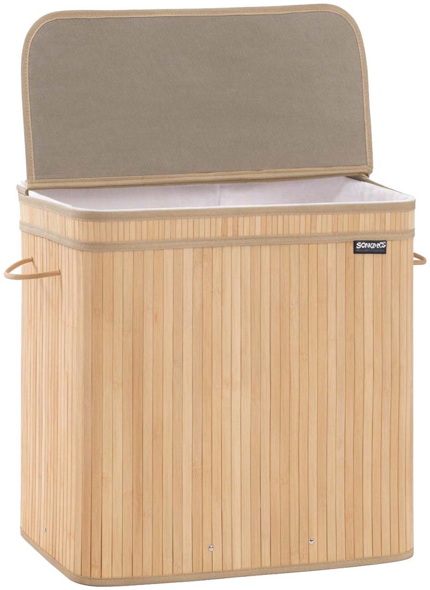 Wasmand Wasmand voor vuile was Opbergmand 41,5x62,5x61cm houtkleur 150L grote inhoud met afneembare en machinewasbare binnenvoering deksel en handgrepen opvouwbaar ontwerp om ruimte te besparen draagvermogen 30kg voor wasruimte slaapkamer en badkamer