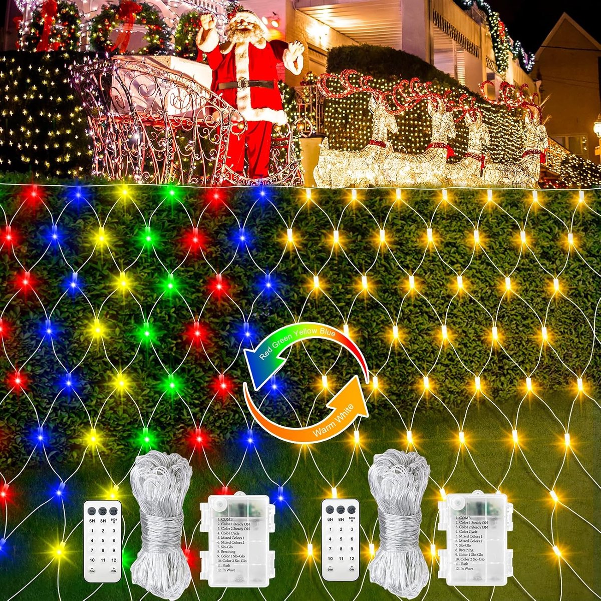 2Pcs Battery Powered Christmas Net Lights, 1.5m x 1.5m, 100 LED Color Changing Lights with Remote Control Timer Bright - ShopVlot