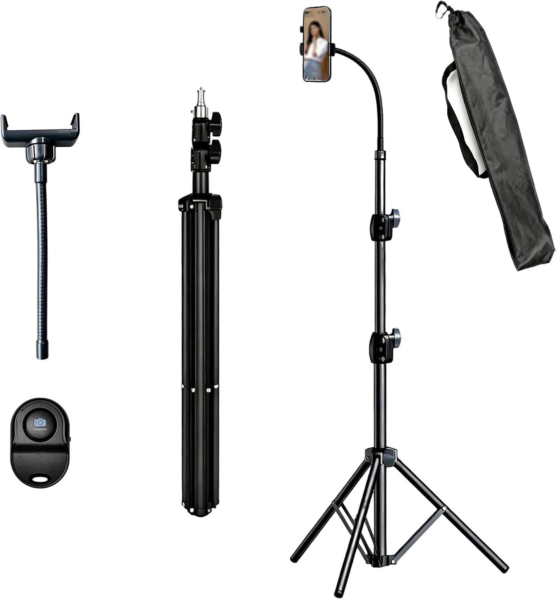 210 cm hoog telefoonstatief met afstandsbediening, flexibel statief voor smartphone, met 30 cm verstelbare zwanenhals - ShopVlot