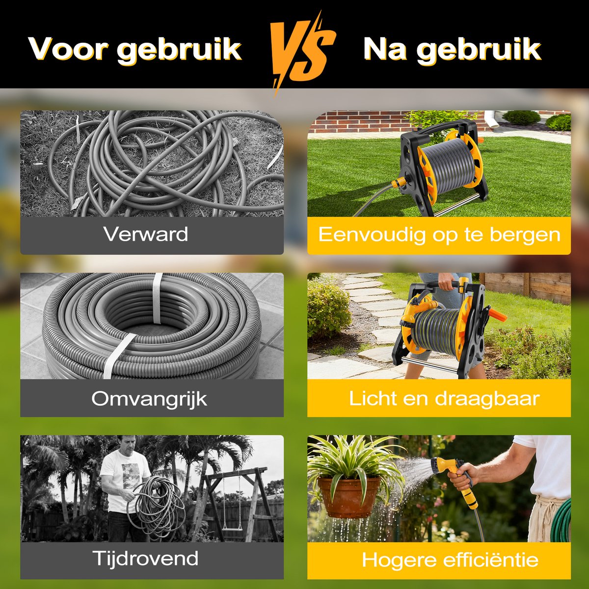 15M Tuinslang met slanghaspel draagbaar - Multifunctionele tuinspuit met verschillende straalstanden - Ruimtebesparende waterslangrol voor tuin besproeien, auto en terras reinigen – foto 4