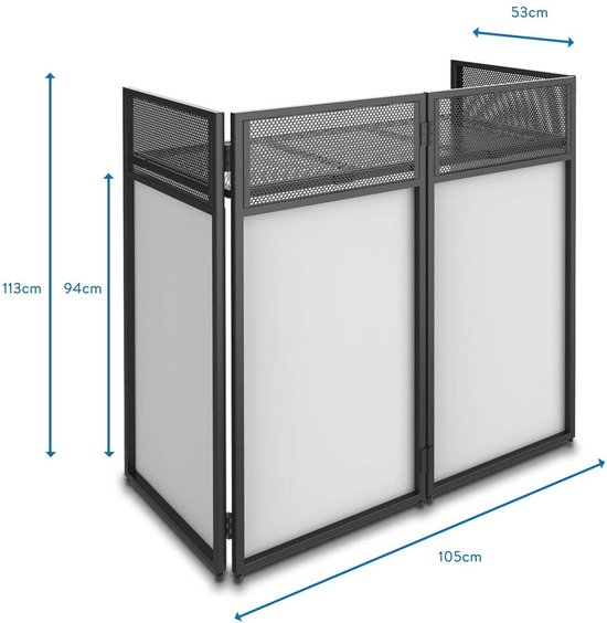 Zwarte DJ booth met afmetingen: hoogte 113cm, breedte 105cm, diepte 53cm.