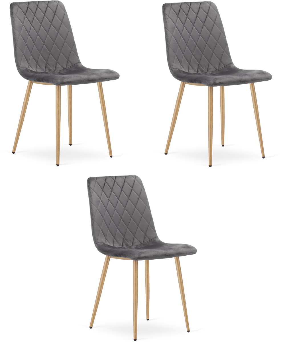 Set van 3 eetkamerstoelen TURIN - Donkergrijs fluweel - Eikenlook poten - Modern design