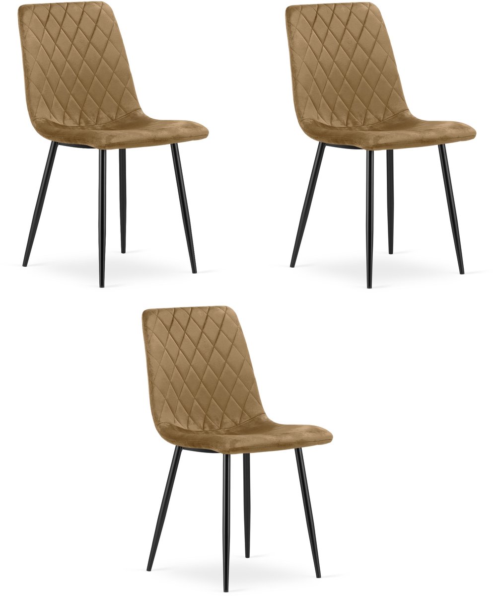 LEOBERT Set van 3 eetkamerstoelen TURIN - Lichtbruin fluweel - Zwarte metalen poten - Modern design Bruin/Zwart