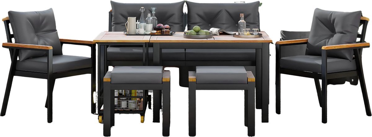 Eettafel 7 Personen - Loungeset, Tuinlounge Lounge Set en Tuinmeubelen voor 6-7 Personen met Fauteuils & Eetkar - Voor Tuin, Terras en Balkon