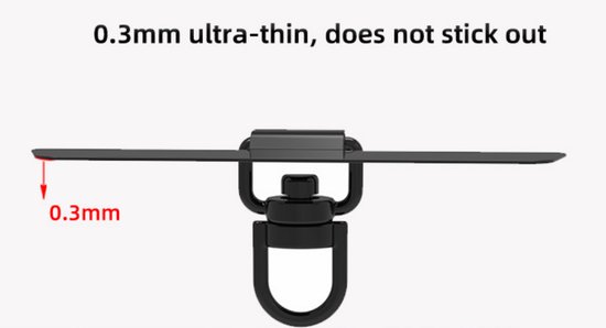 Zijaanzicht van een zwarte telefoonkabelclip, 0,3 mm dun.