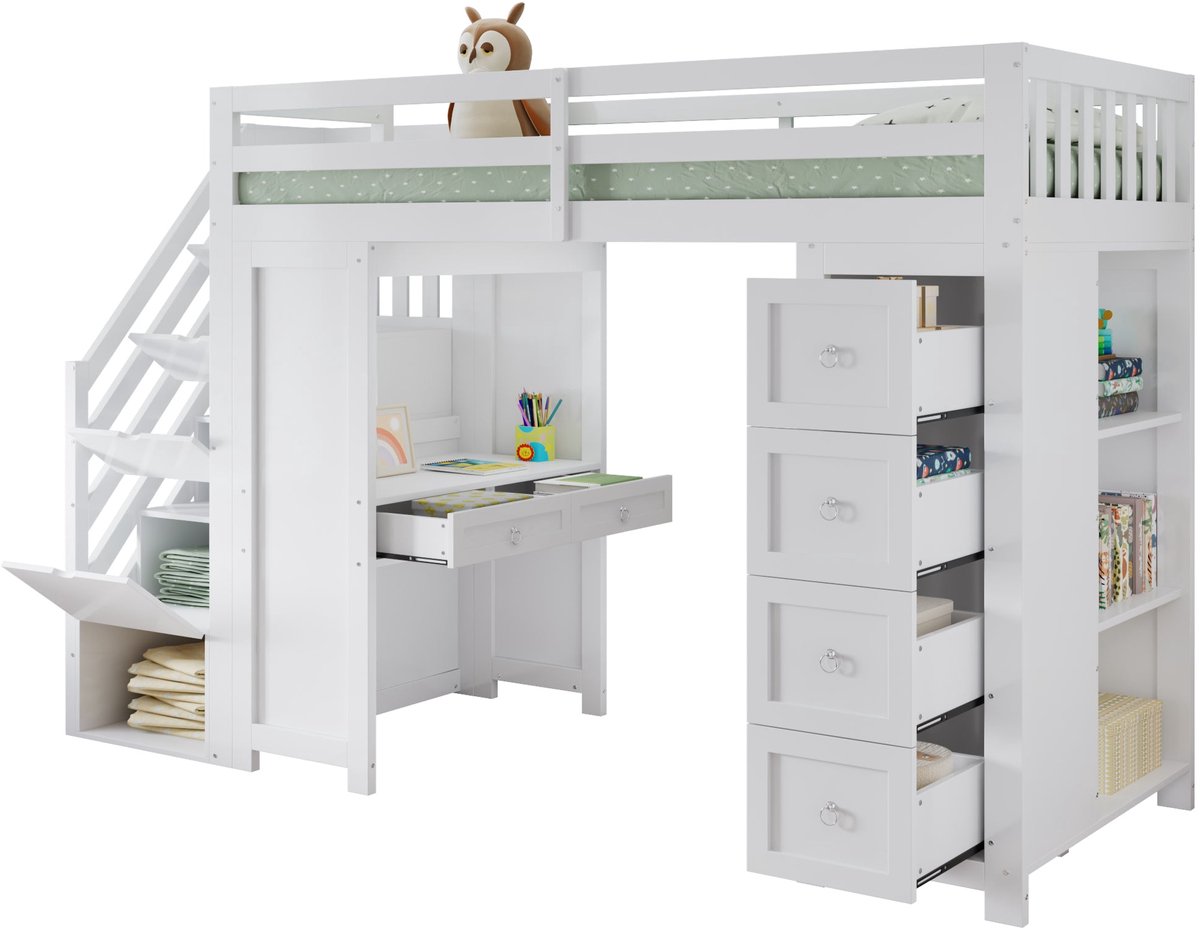 Merax Hoogslaper 90x200 cm - Wit - Met Bureau - Schuifladen - Kast - Regalen - Hout en MDF - Zonder Matras
