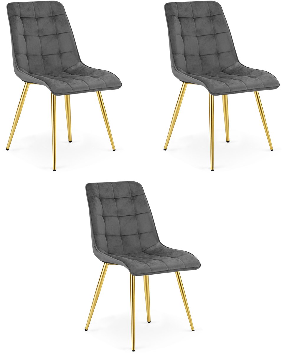 LEOBERT Set van 3 Eetkamerstoelen SPLIT – Donkergrijs Velvet / Fluweel – Gestoffeerde Zitting – Goudkleurige Metalen Poten – Modern Design – Voor Eetkamer en Keuken