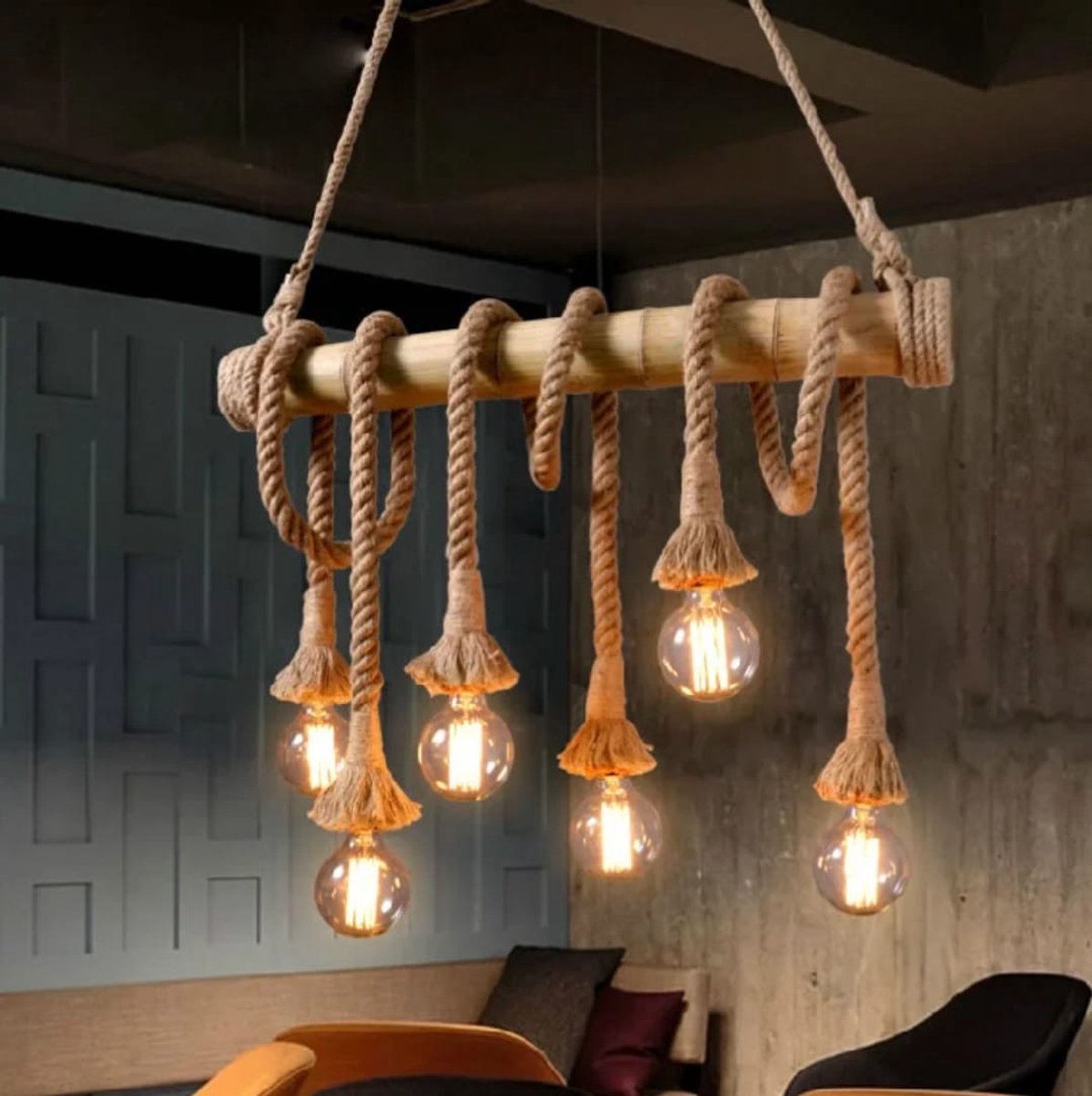 Industriële Bamboe & Touw Hanglamp - 6-Lichts Lineaire Kroonluchter - Natuurlijk Manilla Touw - Eettafel & Kookeiland Verlichting - Exclusief Lampen