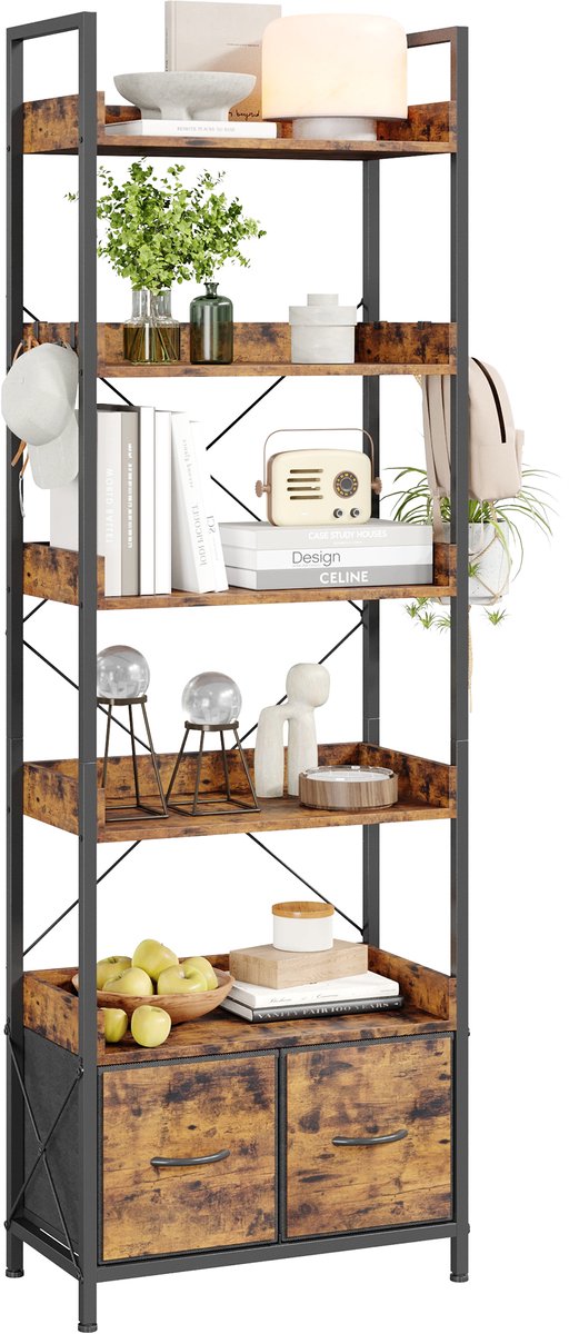 Industriële Boekenrek - 6 Lagen Met 2 Stoffen Lades Vrijstaande Opbergkast Metaal Hout - Voor Kantoor Woonkamer - Zwart Ijzeren Frame + Vintage Houten Plank + Vintage Stoffen Lade