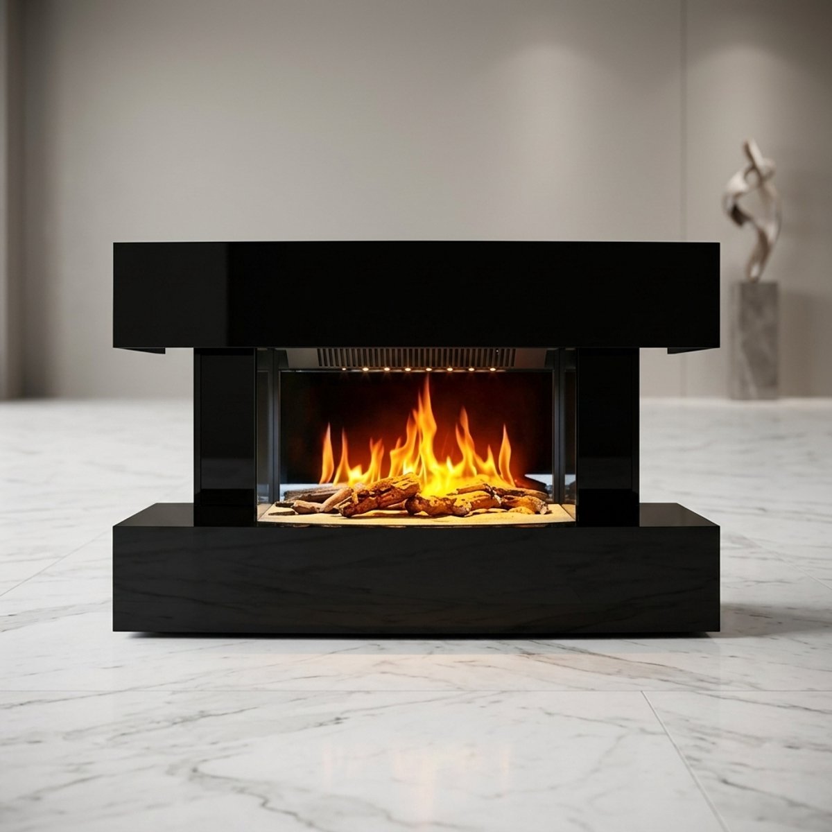 Luxe Elektrische Wandhaard 2000W met Realistisch LED-Vlameffect, Afstandsbediening, 4 Vlamkleuren, Verwarming & Sfeerverlichting – Moderne Decoratieve Inbouw Open Haard Zwart Medahomestore