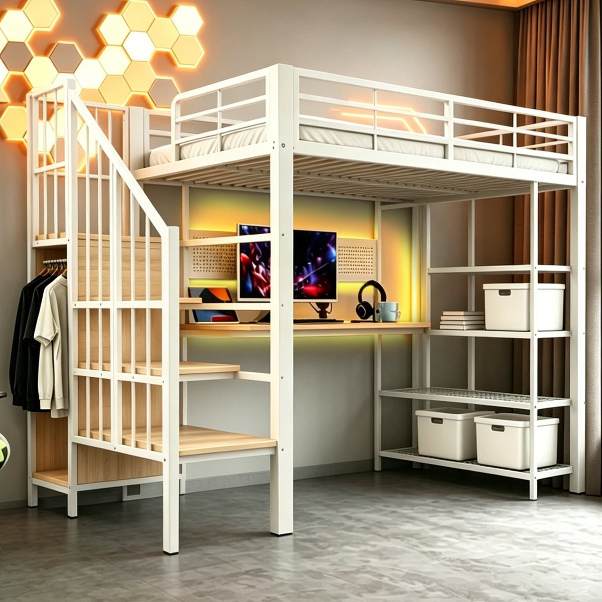 Hoogslaper 90 × 200 Cm, Eenpersoonsbed Lang Bureau En Lang Prikbord, Met Europese Stopcontacten En Led-Lichtstrip, Opbergvakken Met Meerdere Niveaus, Hoge Reling-Wit