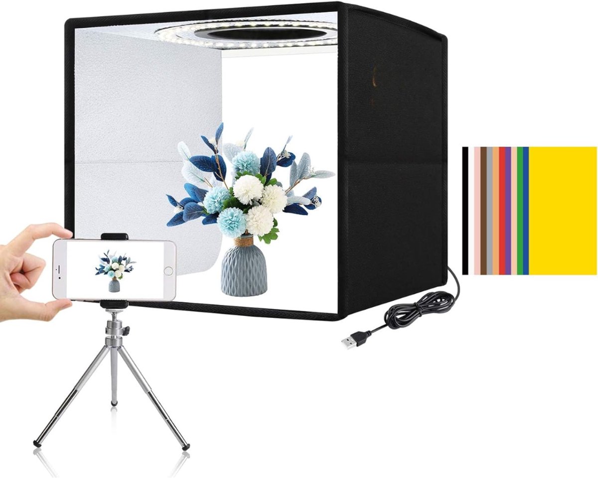 Ploutos® Fotobox - Professionele Mini Fotostudio met LED Verlichting - Opvouwbare Lightbox voor Productfotografie – Studio Box - Zwart - 25cm x 25cm x 25cm