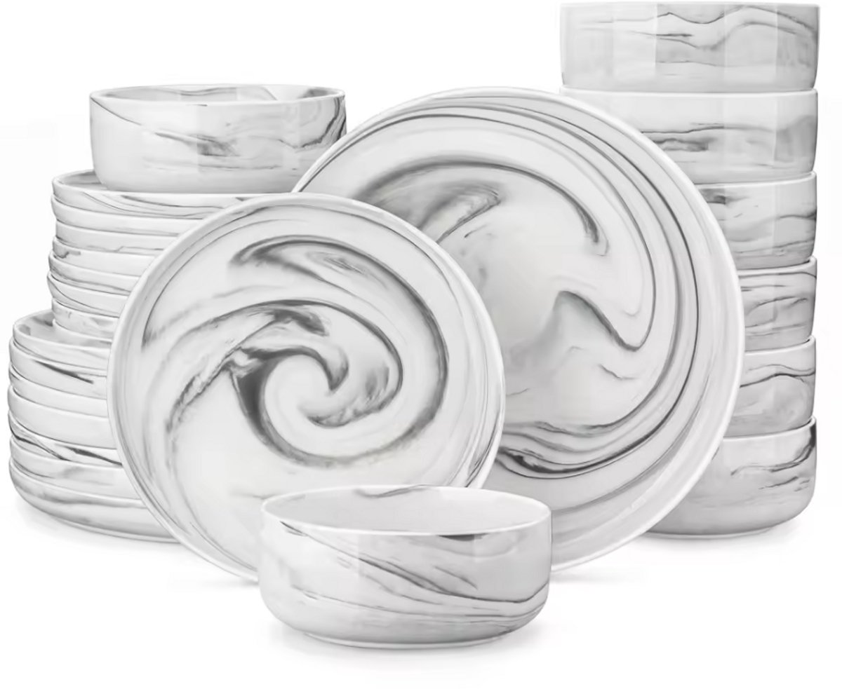 Home & Beyond® 24-Delige Serviesset Marmer Grijs - Porseleinen Servies voor 8 Personen - Inclusief Dinerborden, Diepe Borden & Kommen - Vaatwasser- en Magnetronbestendig
