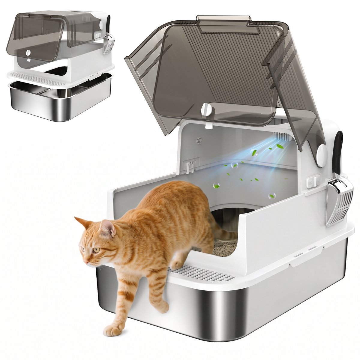 PawHut Cat Litter Box-Edelstahl, Kunststoff-70L x 50B x 46,5H cm-Weiß