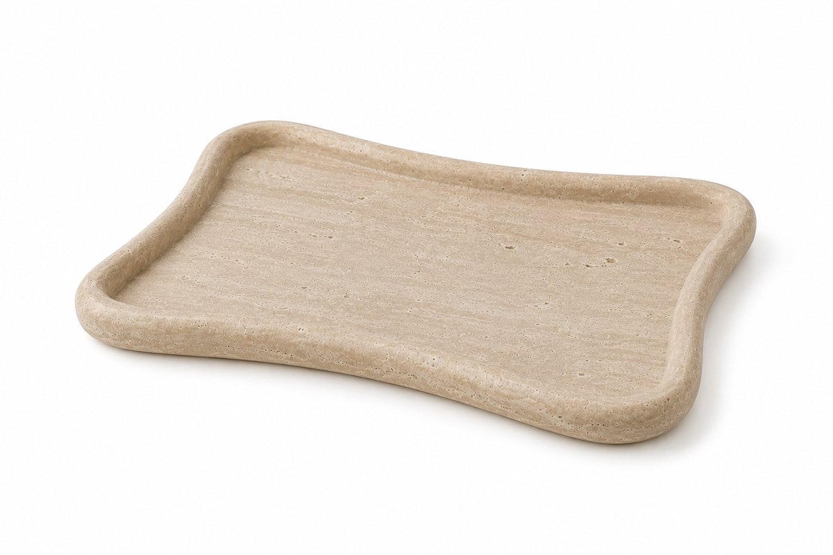 PersisCo Beige Travertin Dienblad – 30 x 20 cm – Luxe Organisch Rechthoekig Natuurstenen Plateau, Premium Parfum Organizer & Badkamer Tray voor Sieraden, Kaarsen & Woondecoratie
