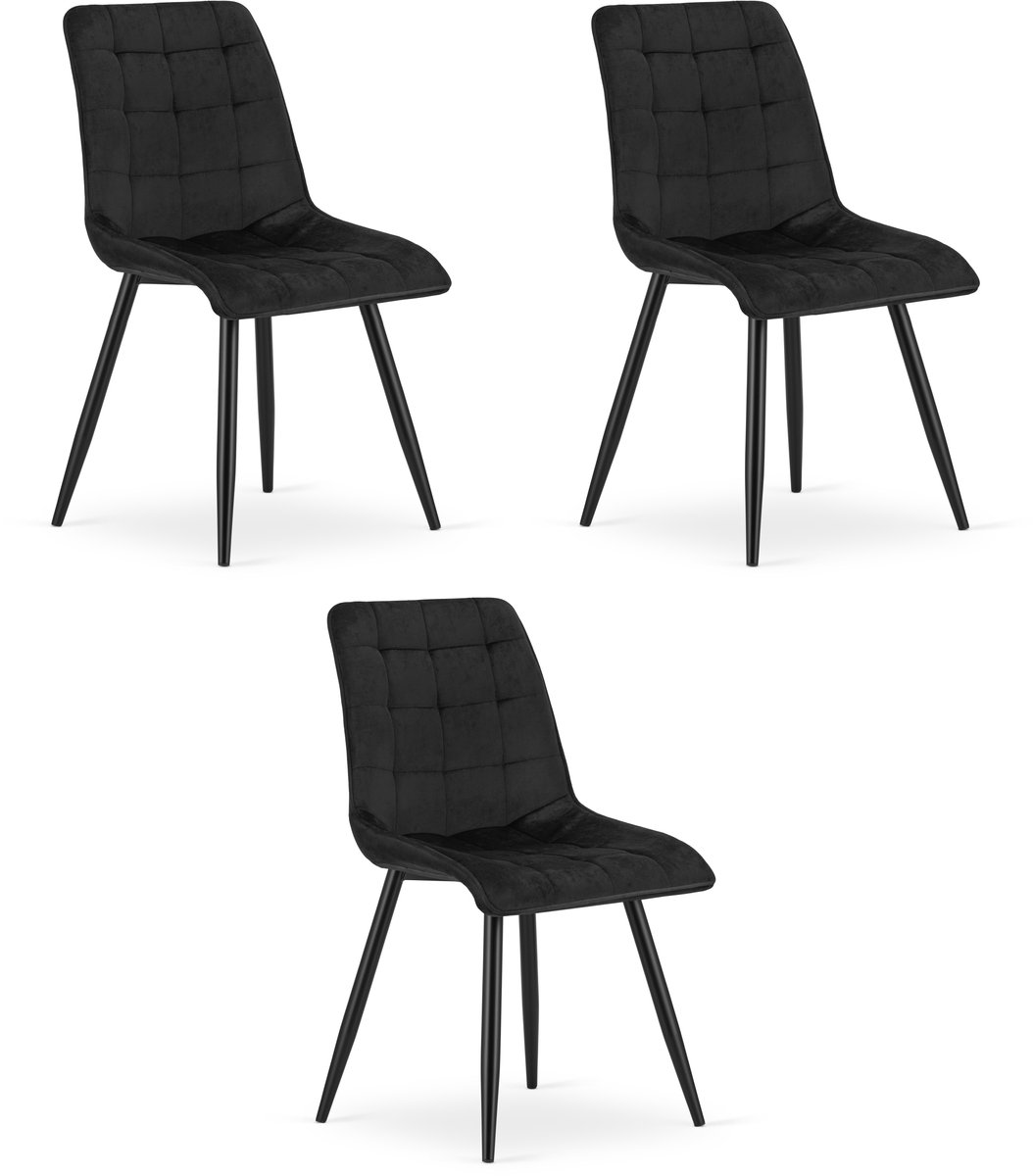 Set van 3 eetkamerstoelen SPLIT - Zwart fluweel - Zwarte metalen poten - Modern design