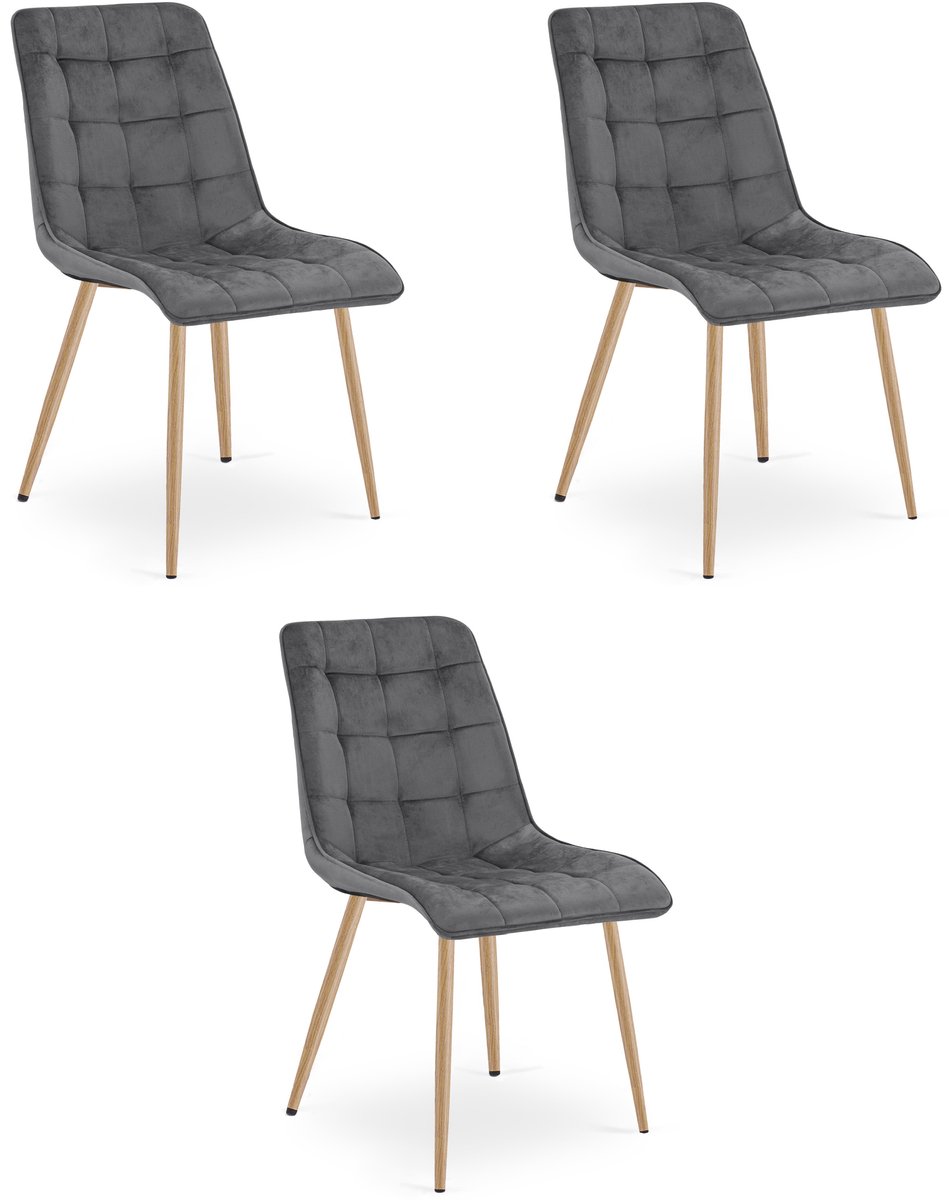 LEOBERT Set van 3 Eetkamerstoelen SPLIT – Donkergrijs Velvet / Fluweel – Gestoffeerde Zitting – Metalen Poten in Eikenlook – Modern Design – Voor Eetkamer en Keuken