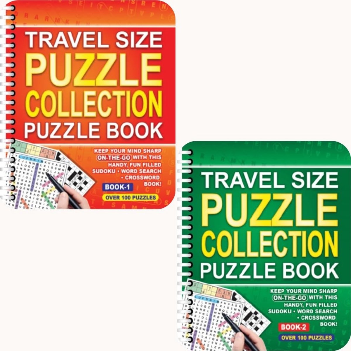 Dailygoods- Puzzelboek Reisformaat - Set van 2 - 108 Puzzels - Sudoku/Woordzoekopdrachten/Kruiswoordraadsels - Spiraalgebonden - Compact 18,5 x 15 cm - Puzzelboekjes