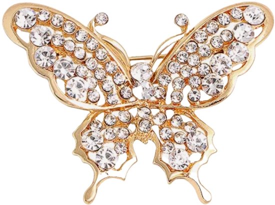 Gouden vlinderbroche met zilverkleurige strass steentjes.