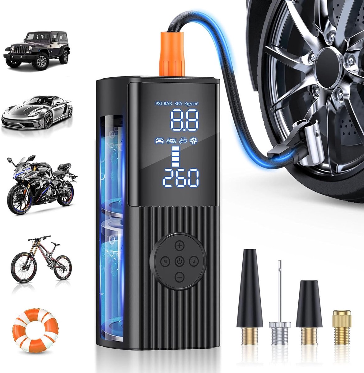 180 psi draagbare luchtcompressor met 25.000 mAh batterij, 3 x snel draadloos opblazen voor auto, motorfiets, fiets, bal