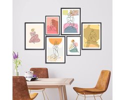 AREDE Set van 6 muurschilderijen, plaatjes, vrouwen, kleurrijk, minimalisme, wanddecoratie voor thuis, kantoor - ShopVlot