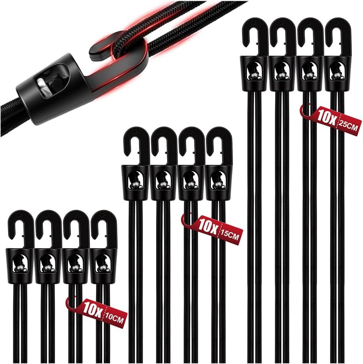Spangum met haak 30 stuks - expander 10, 15 en 25 cm - multifunctionele rubberen spanner - ideaal voor tenten en zeilen - ShopVlot