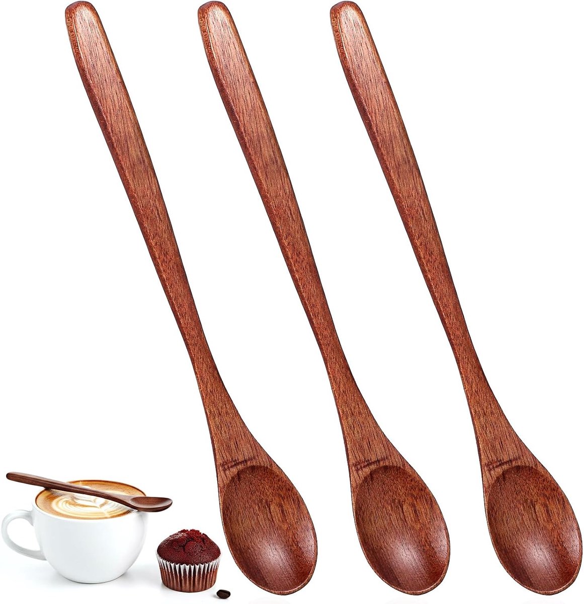 Set van 3 houten lepel met lange steel voor honing, granola, koffie en theegebruik