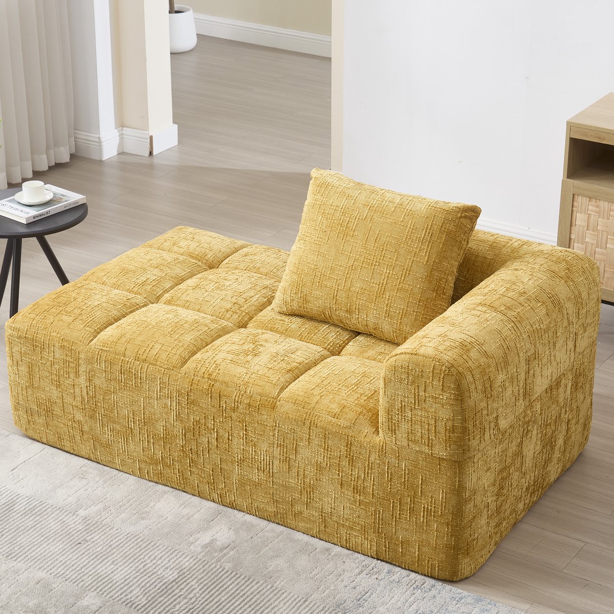 Fauteuil Met Chaise Longue - Chenille Lounge Stoel Geel - Zacht Zitcomfort Met Zijvak