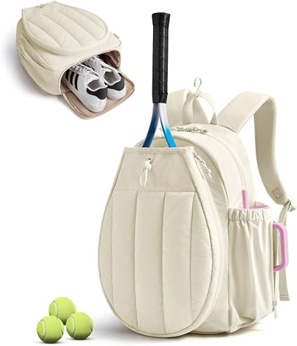 Tennistas - Padeltas - Tennistas voor dames - Sporttas - Rugzak - Tennisrugzak - Tennisbal - Tennistas voor dames - Met racketvak - Geschikt voor 2 rackets - Gebroken wit