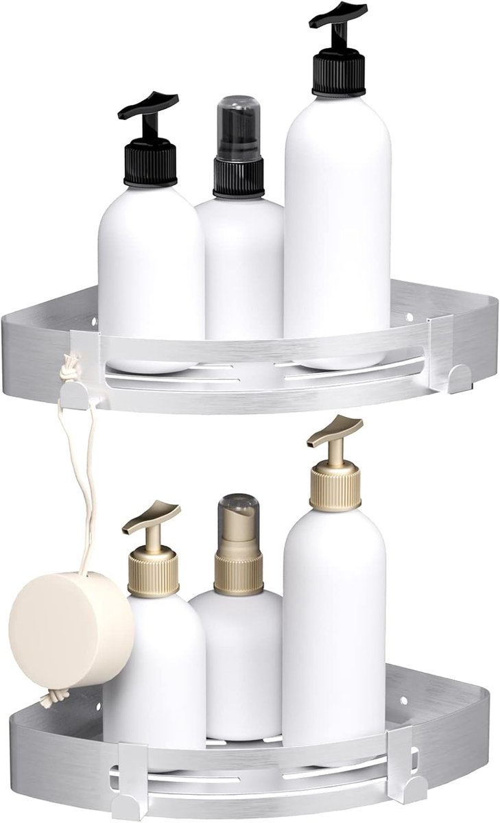 SnelShoppen - Badkamer Divider Zilver Badkamer Plank Douche Mand met Haken Hoek Douche Plank voor Efficiënte Ruimtebesparing en Organisatie