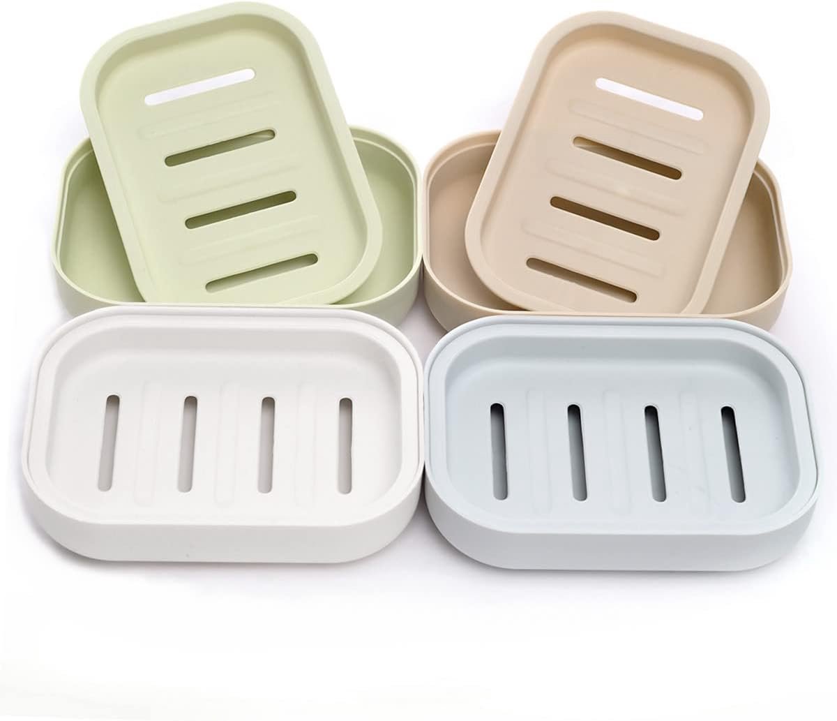 4-delige dubbellaagse plastic zeepbakjesset – Automatisch afvoerende zeephouder – Met deksel - Badkamerzeepbakje - creatieve draagbare zeephouder voor op reis – Geschikt voor badkamers en keukens