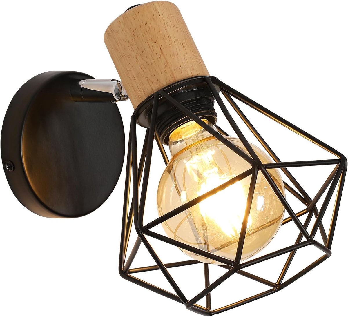 Riserva Industriële Vintage Wandlamp Onregelmatige Vorm Zwart-Houtkleur - E27 fitting Max 60W, Zonder Lamp - Diamant Wandlamp met universeel scharnier voor Trap, Gang, Balkon en Zolder