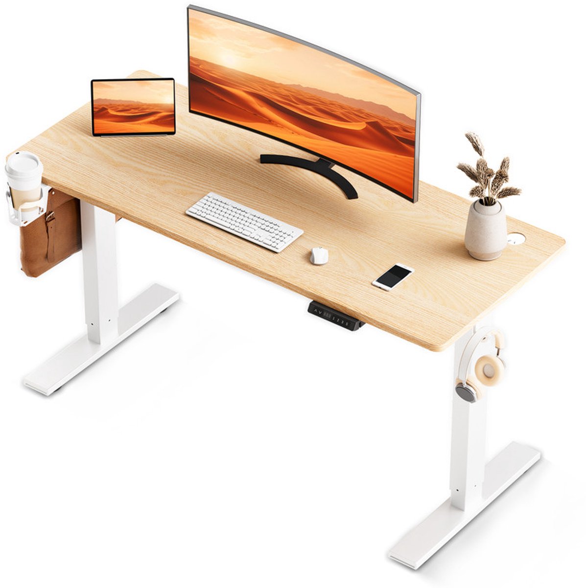 HOMAVO Elektrisch Zit-Sta bureau 60 x 120 cm - In Hoogte Verstelbaar - Geheugenfunctie - Antibotsingssysteem - USB-A/USB-C – Walnoot