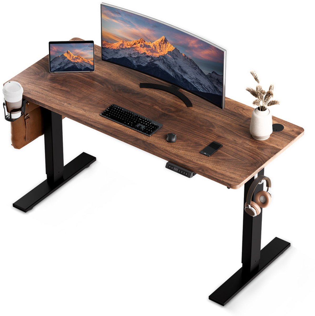 HOMAVO Elektrisch Zit-Sta bureau 60 x 120 cm - In Hoogte Verstelbaar - Geheugenfunctie - Antibotsingssysteem - USB-A/USB-C – Houtkleur