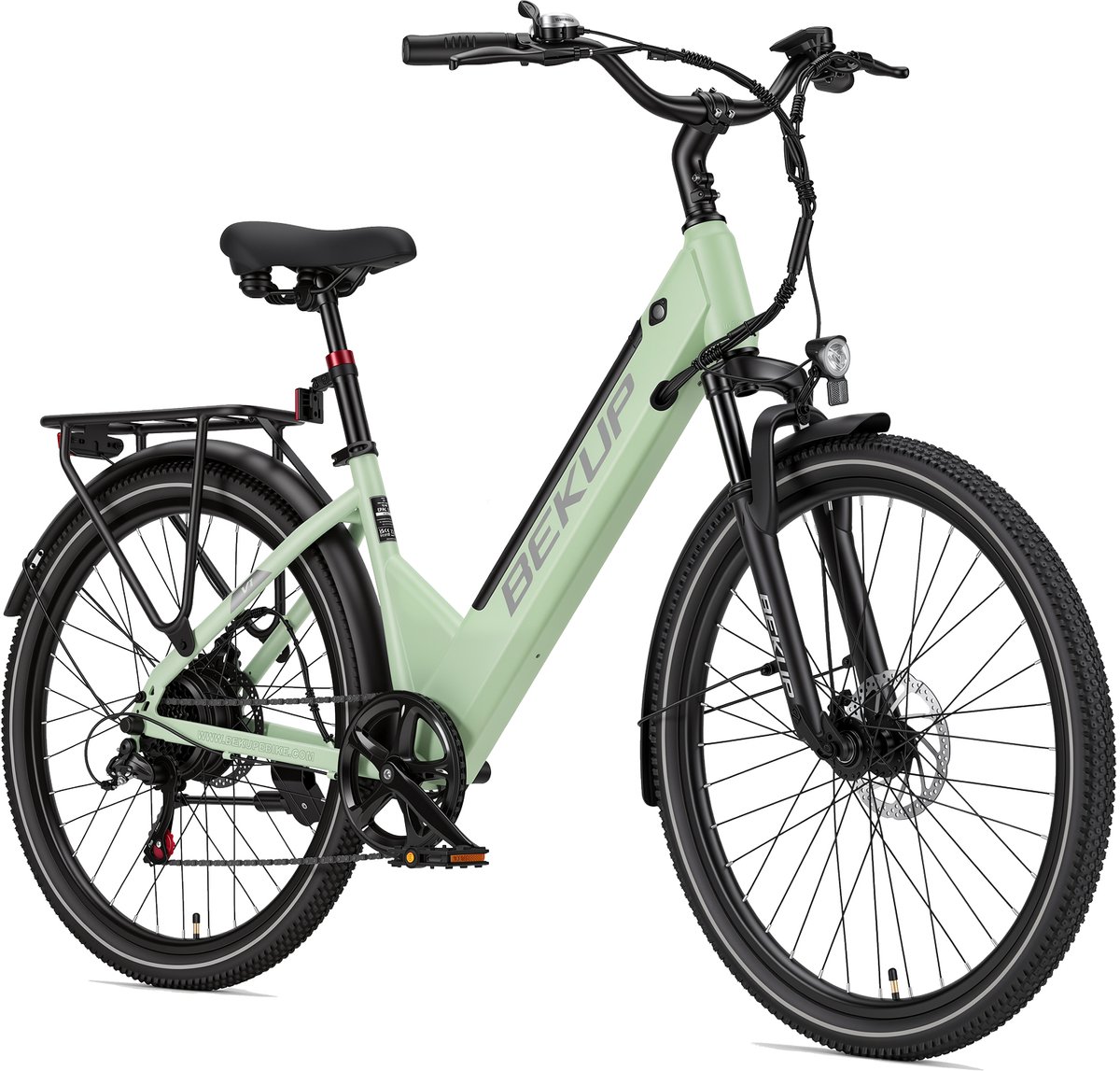 Elektrische fiets 26 inch - Comfortabele stadsfiets - 36V 14,5Ah accu - 250W achterwielmotor - Actieradius tot 75 km - Shimano 7 versnellingen - Verende voorvork - Geveerde zadelpen - Pistachegroen
