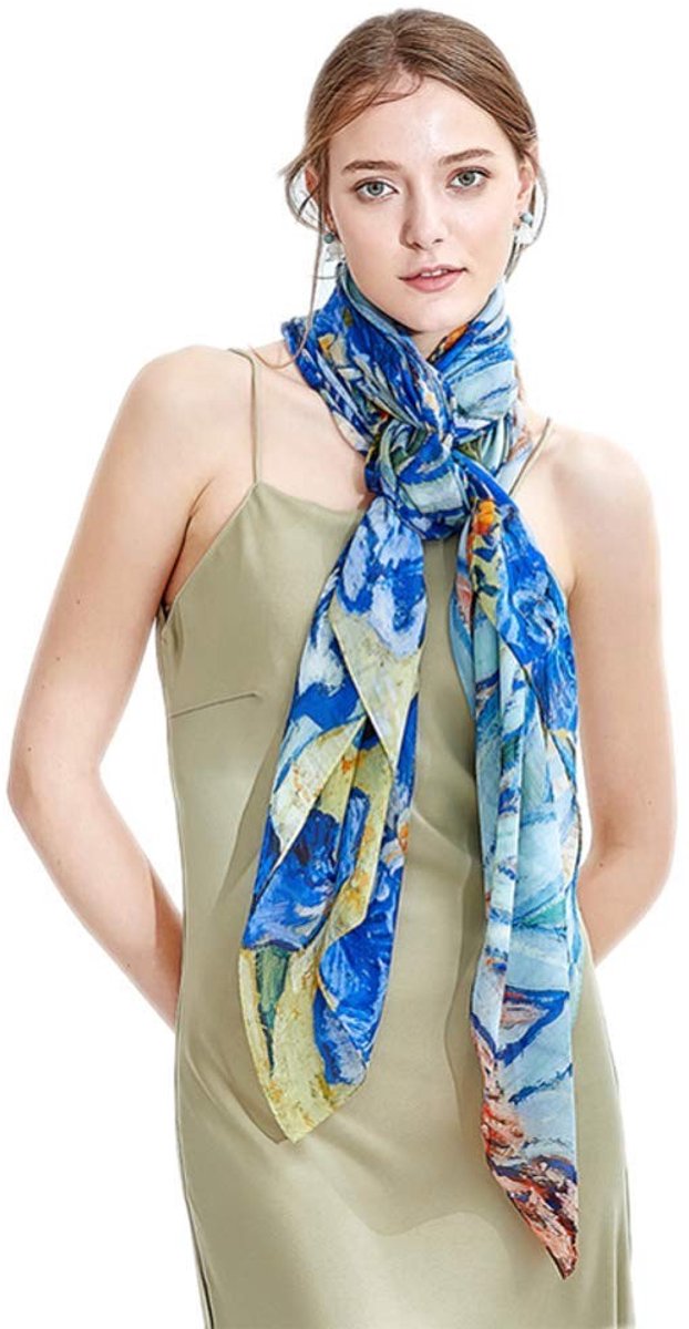 Omgoods - Zijde Sjaal XXL Blauw - Van Gogh Amandelboom Takken Design