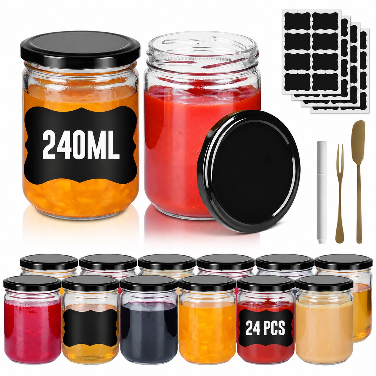 Mini Weckpotten Set 24 stuks 240 ml - Rond Transparant Glas met Metalen Deksel - Luchtdichte Mason Jar voor Honing, Kruiden en Marmelade - Zwart - NAIZY