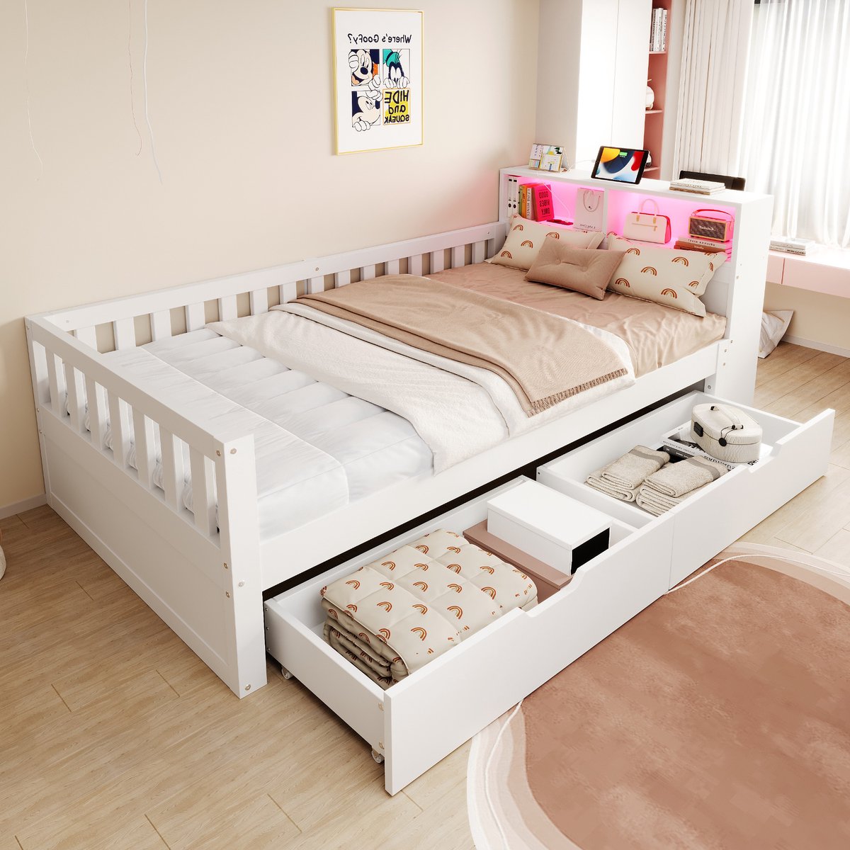 Kinderbed, Multifunctioneel Houten Bed 90 × 200 cm, Met Lades, Plank En Opbergvakken, Voorzien Van Stopcontact En Ledverlichting, Veiligheidsrail, Eenpersoonsbed-Wit