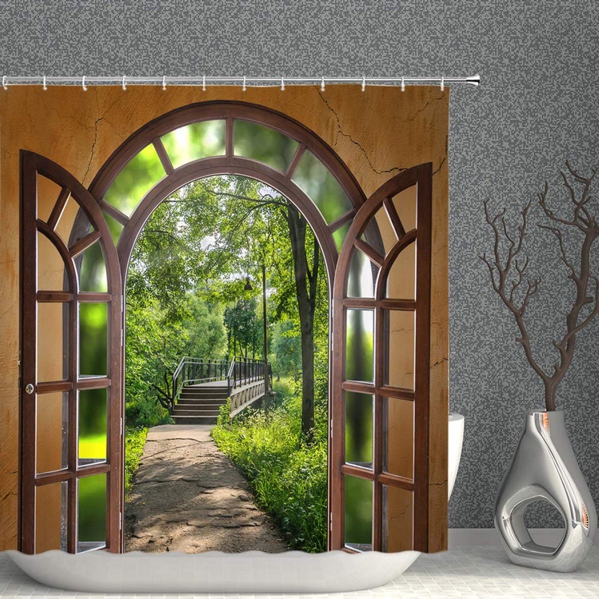 Omgoods - 3D Douchegordijn met Bloemenprint en Natuurthema 180x180cm