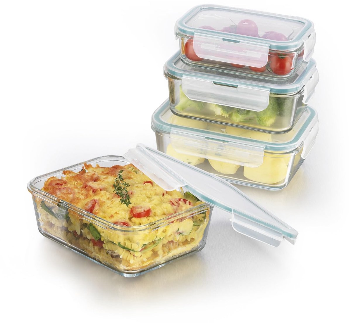 Omgoods - Glas Opslagcontainers Set van 4 - Vaatwasser, Magnetron en Vriesbestendig