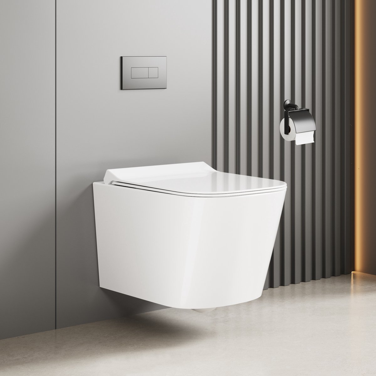 Randloos zwevend wandtoilet van keramiek, D-vormig – 360° doorspoelsysteem, snelontgrendelbare soft-close zitting, ruimtebesparend wit model