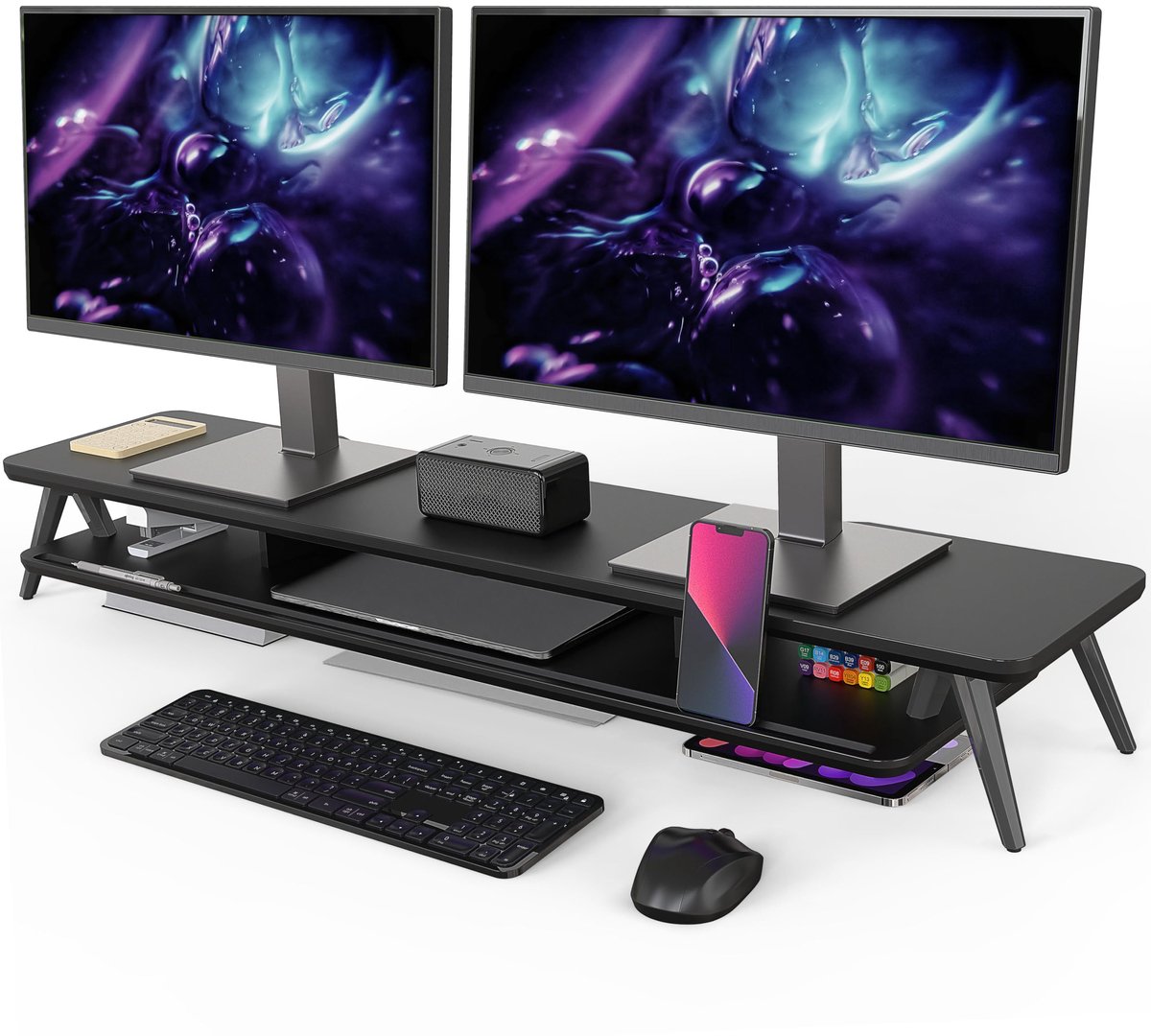 Monitor Verhoger XL - 2-Laags Monitorstandaard met Telefoon- en Tablethouder - Grote Bureau Organizer voor PC, Laptop en Scherm - Ergonomische Monitor Riser met Opbergruimte - Ruimtebesparend Bureau Accessoire - 108 cm - Zwart