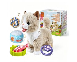 Interactieve Pluche Kat met Afstandsbediening - Wandelende Speelgoedkat voor Kinderen - Loopt, Miauwt en Kwispelt - Elektrisch Huisdier met Accessoires - Zacht Knuffeldier Cadeau