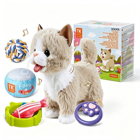 Pluche kat met bruine en witte vacht, met speelgoedbal, voerbak en vis, en een pootvormige rammelaar. Doos met kattenafbeelding.